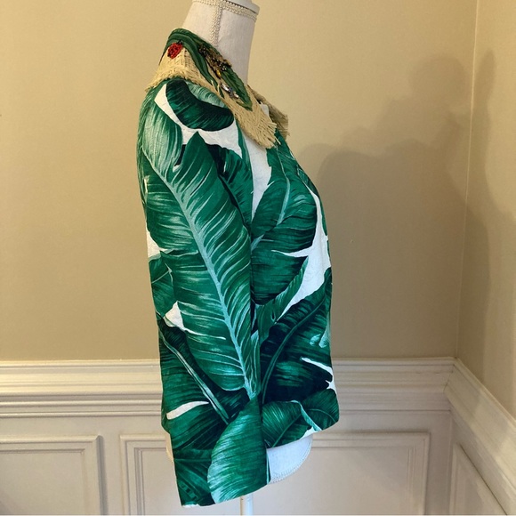 DOLCE AND GABBANA Green White Banana Leaf Tropical Print Straw Collar Jacket - Picture 4 of 15